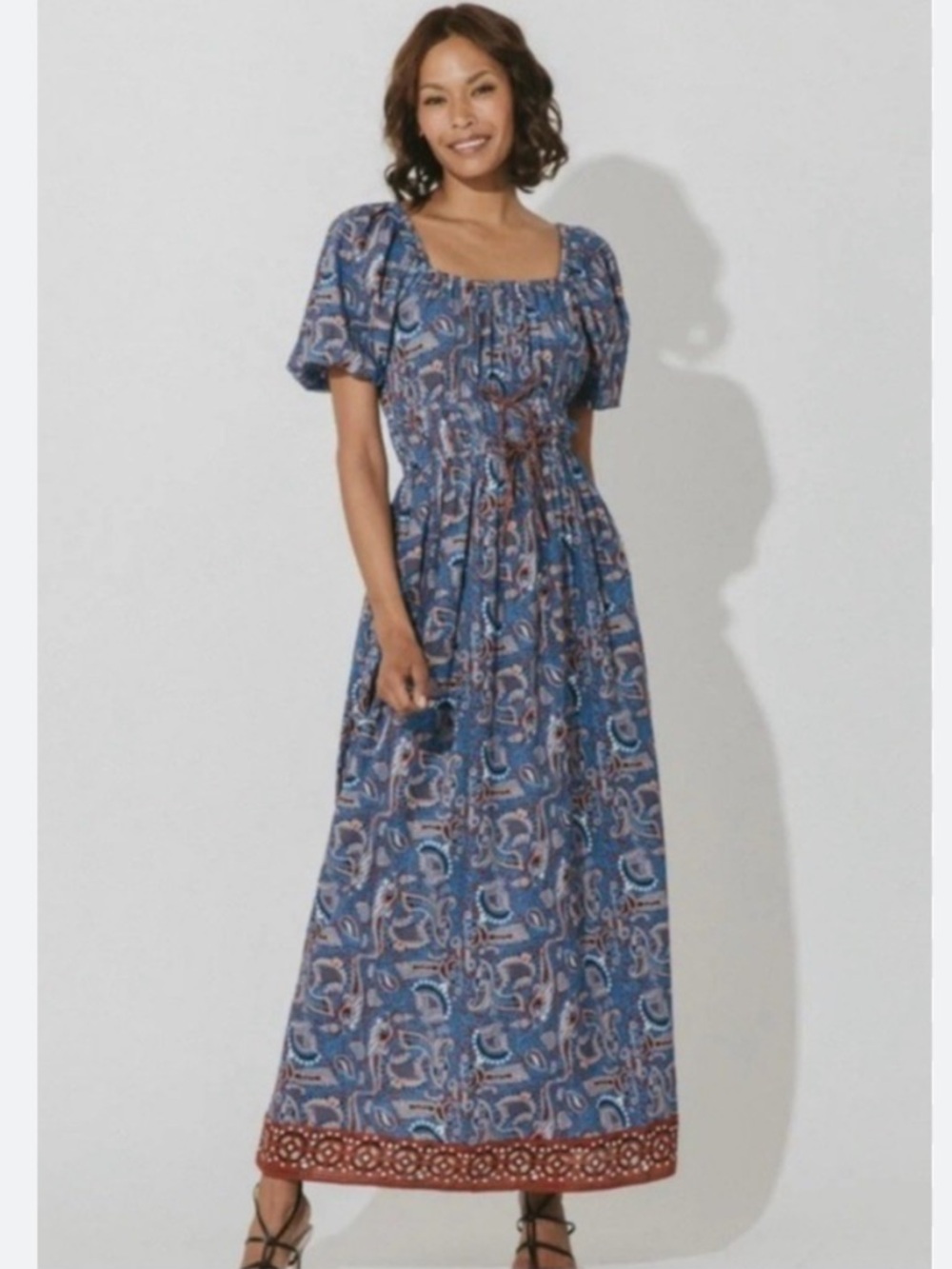 Cleobella Rhea Blue Paisley Square-Neck Maxi Dress with Contrast Hem